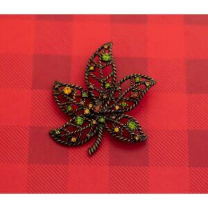 Vintage Mid Century Leaf Rhinestone Bronze Tone Brooch by Avon - O18